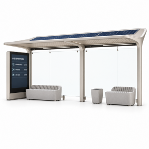 Prefab Outdoor Bus Passenger Waiting Shed with Solar Panel Digital Signage Tempered Glass and LED Lighting Manufacturer