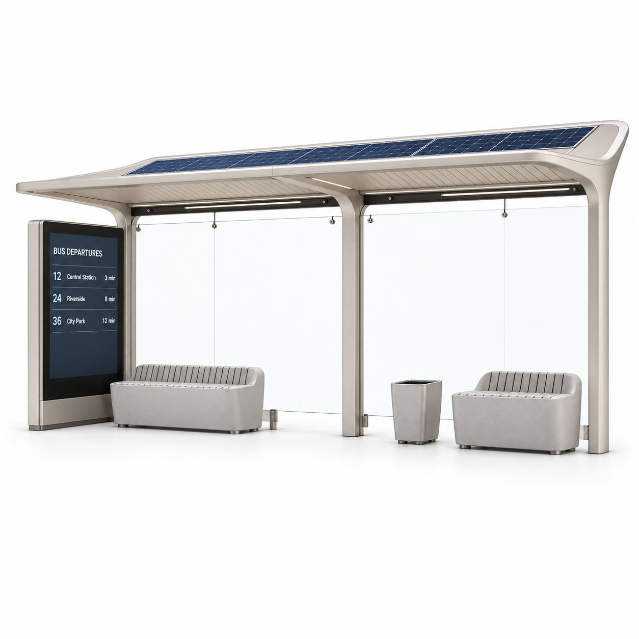 Prefab Outdoor Bus Passenger Waiting Shed with Solar Panel Digital Signage Tempered Glass and LED Lighting Manufacturer Featured Image