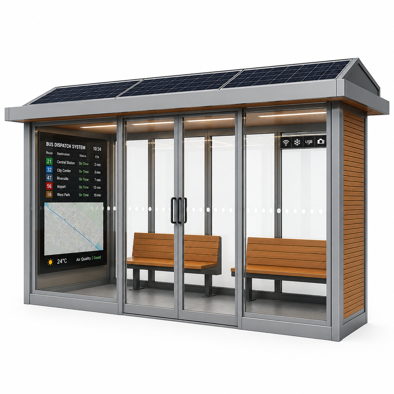 Intelligent Bus Shelter with WiFi USB Charging and Modern Urban Design Water Proof Enclosed Sun Shade Featured Image