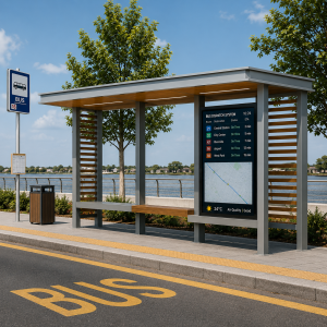 Waterproof Outdoor Bus Shelter with Wireless Charging and Sunshade Canopy and LED Advertising Light Box