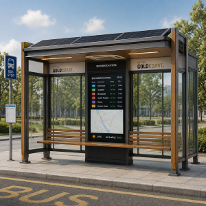 Sun Shade Durable Outdoor Smart Bus Shelter with LED Lighting USB Ports and WiFi with Solar-powered