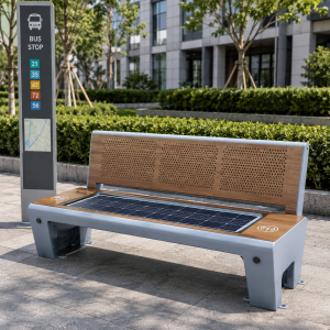 Export Certified Off-Grid Solar Street Bench with Dual USB & Wireless Qi Charging Station Low Maintenance