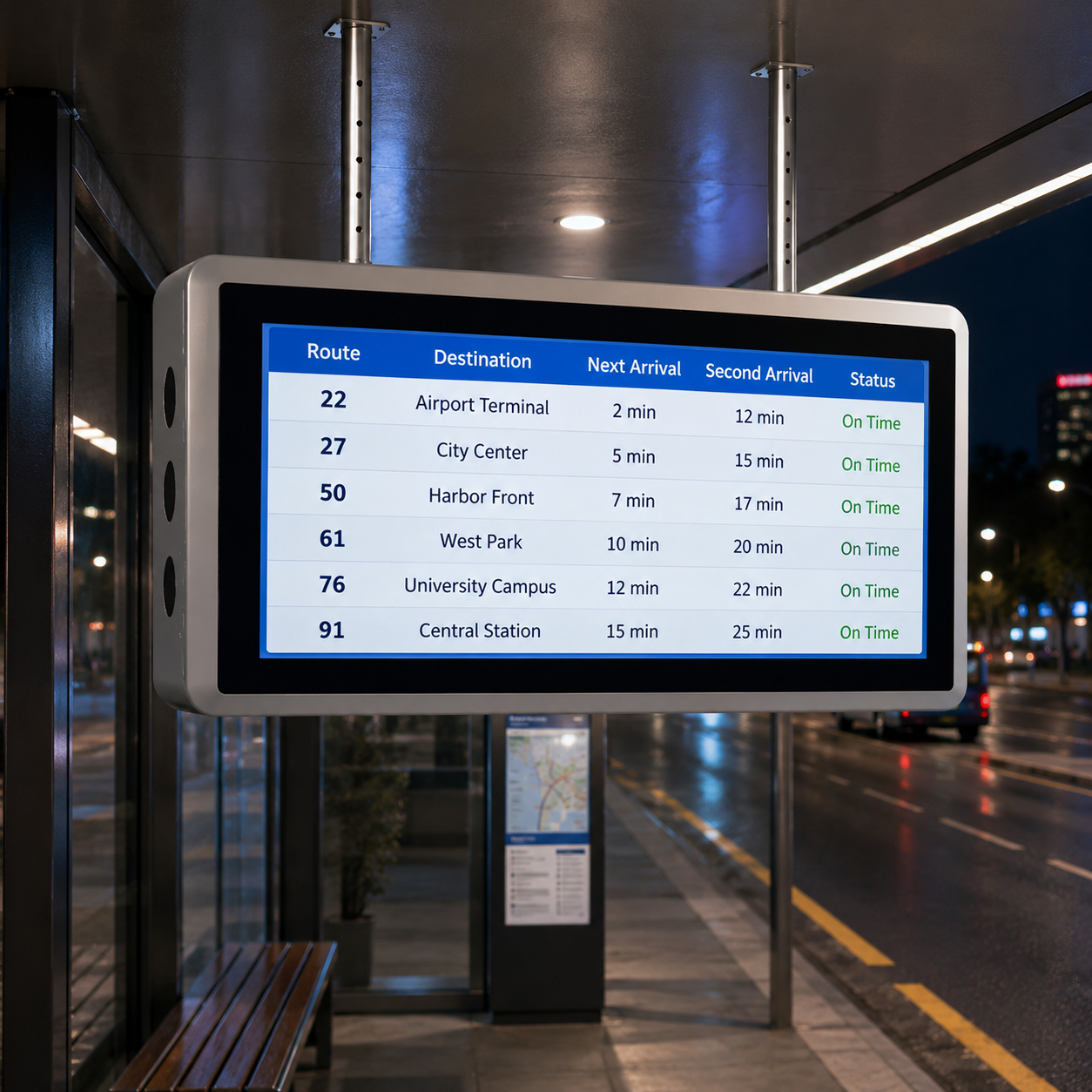Suspended Capacitive Touch LED Display for Outdoor Bus Stops With Wayfinding Welcome Display Scrolling Route Arrival Information Featured Image