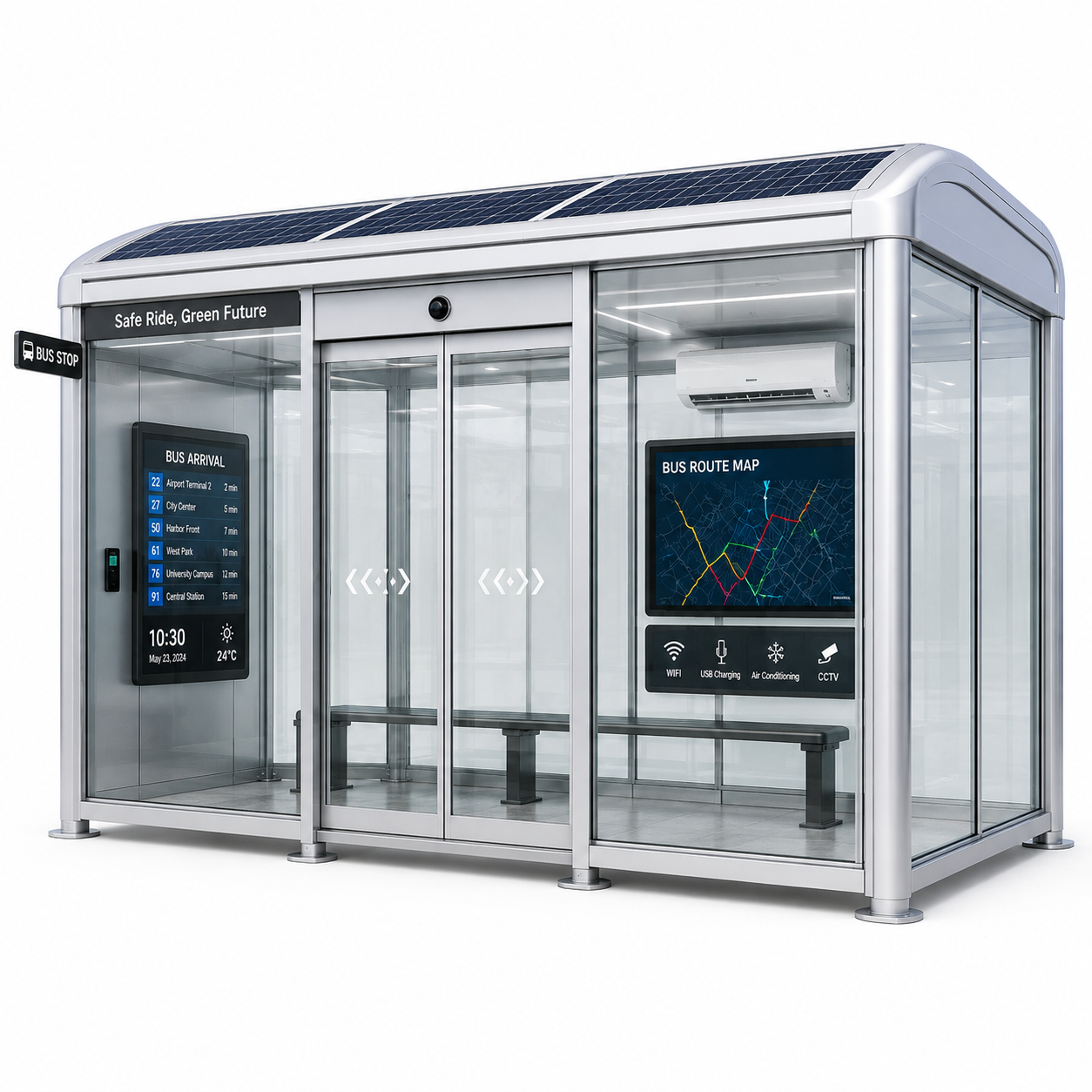 Enclosed Smart City Bus Shelter With LED Screen Advertising Light Box Public Service Information Display Cloud Software Featured Image