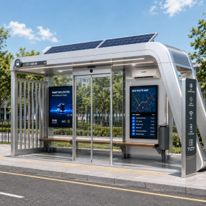 Air-Conditioned Bus Shelter With Tempered Glass Panel LED Strip Screen Advertising Light Box Smart Vehicle Forecast System