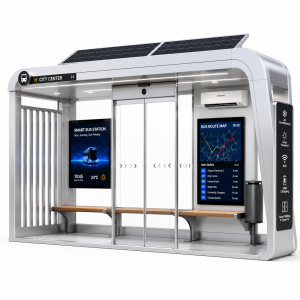 Air-Conditioned Bus Shelter With Tempered Glass Panel LED Strip Screen Advertising Light Box Smart Vehicle Forecast System