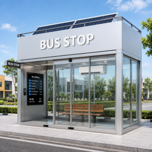 Outdoor Smart Bus Shelter With LED Advertising Display Public Information Stainless Steel Frame Forecast System Air-Conditioned