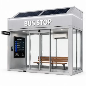 Outdoor Smart Bus Shelter With LED Advertising Display Public Information Stainless Steel Frame Forecast System Air-Conditioned