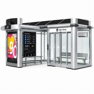 Smart Enclosed Bus Shelter With Cloud Software LED Strip Screen Light Box Stainless Steel Frame Wireless Charging