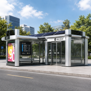 Smart Enclosed Bus Shelter With Cloud Software LED Strip Screen Light Box Stainless Steel Frame Wireless Charging