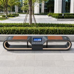 Modern Metal and Wood Solar Smart Bench with Wireless Phone Charging Corrosion-resistant