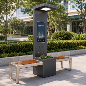 Waterproof Galvanized Steel Solar-Powered Smart Bench with USB Ports and Wireless Phone Charging Outdoor