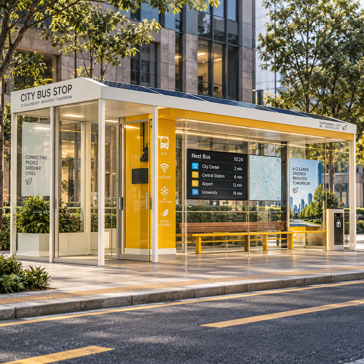 Modern Enclosed Outdoor Bus Shelter with LED Lighting Custom Sizes & Colors Durable Steel Frame and Smart Functions Featured Image
