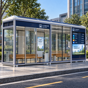 Enclosed Smart Bus Shelter with LED Lighting Outdoor Use Galvanized Steel Frame WiFi USB Charging and Wireless Phone Charging