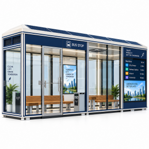 Enclosed Smart Bus Shelter with LED Lighting Outdoor Use Galvanized Steel Frame WiFi USB Charging and Wireless Phone Charging