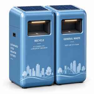 Solar Powered Smart Trash Can with Automatic Waste Compaction and Fill Level Monitoring for Municipal Streets and Parks