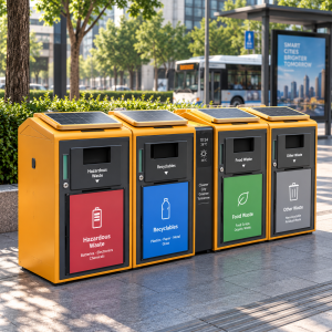 Custom IP65 Waterproof Solar Powered Compactor Smart Outdoor Trash Can Heavy Duty Municipal Street Litter Bin for Smart City