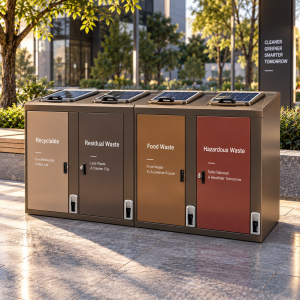 Modern Solar Powered Smart Street Litter Bin with LED Advertising Light Box Waterproof Outdoor Public Waste Compactor Can