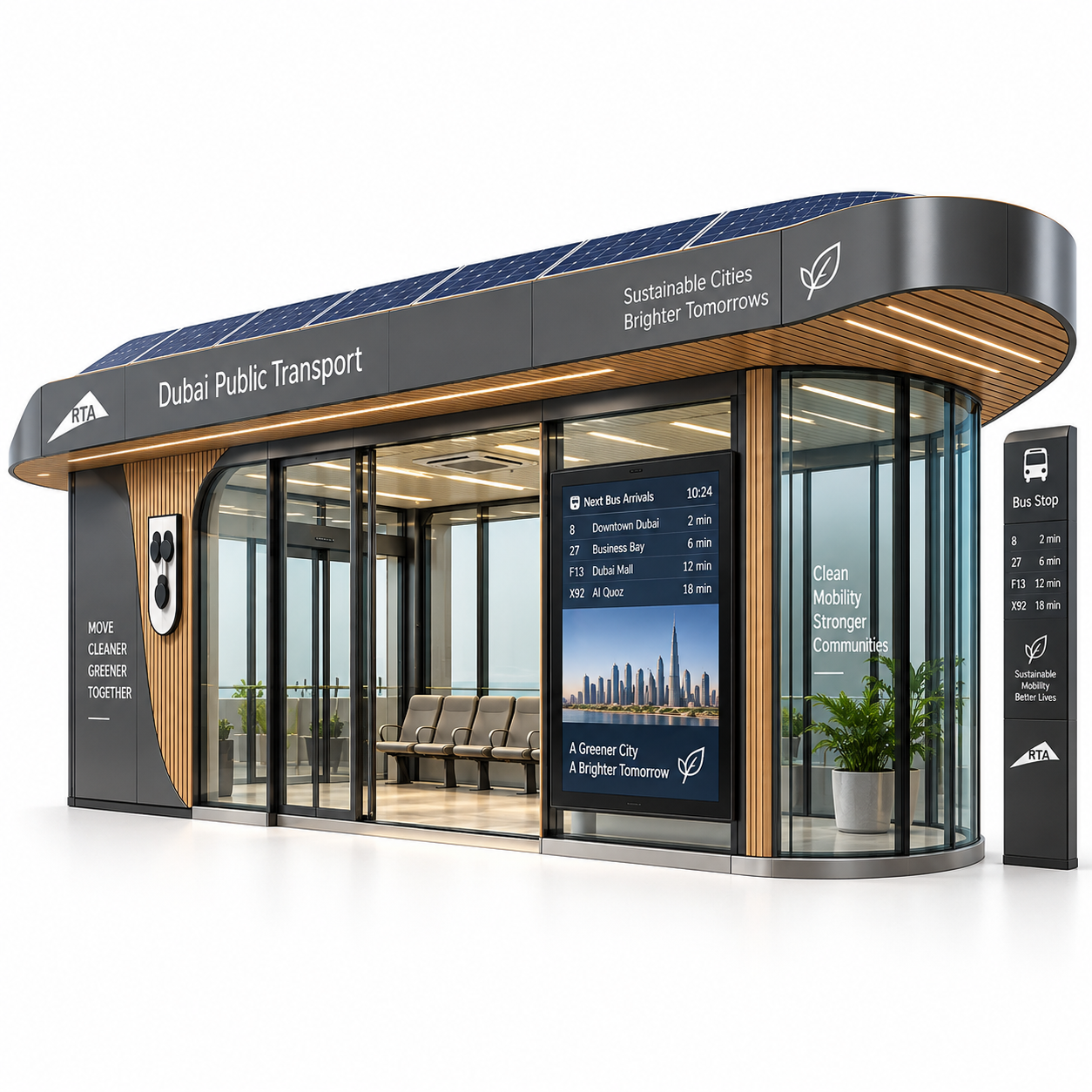 Enclosed Smart Bus Shelter with LED Lighting Outdoor Use Galvanized Steel Frame WiFi USB Charging and Wireless Phone Charging Featured Image