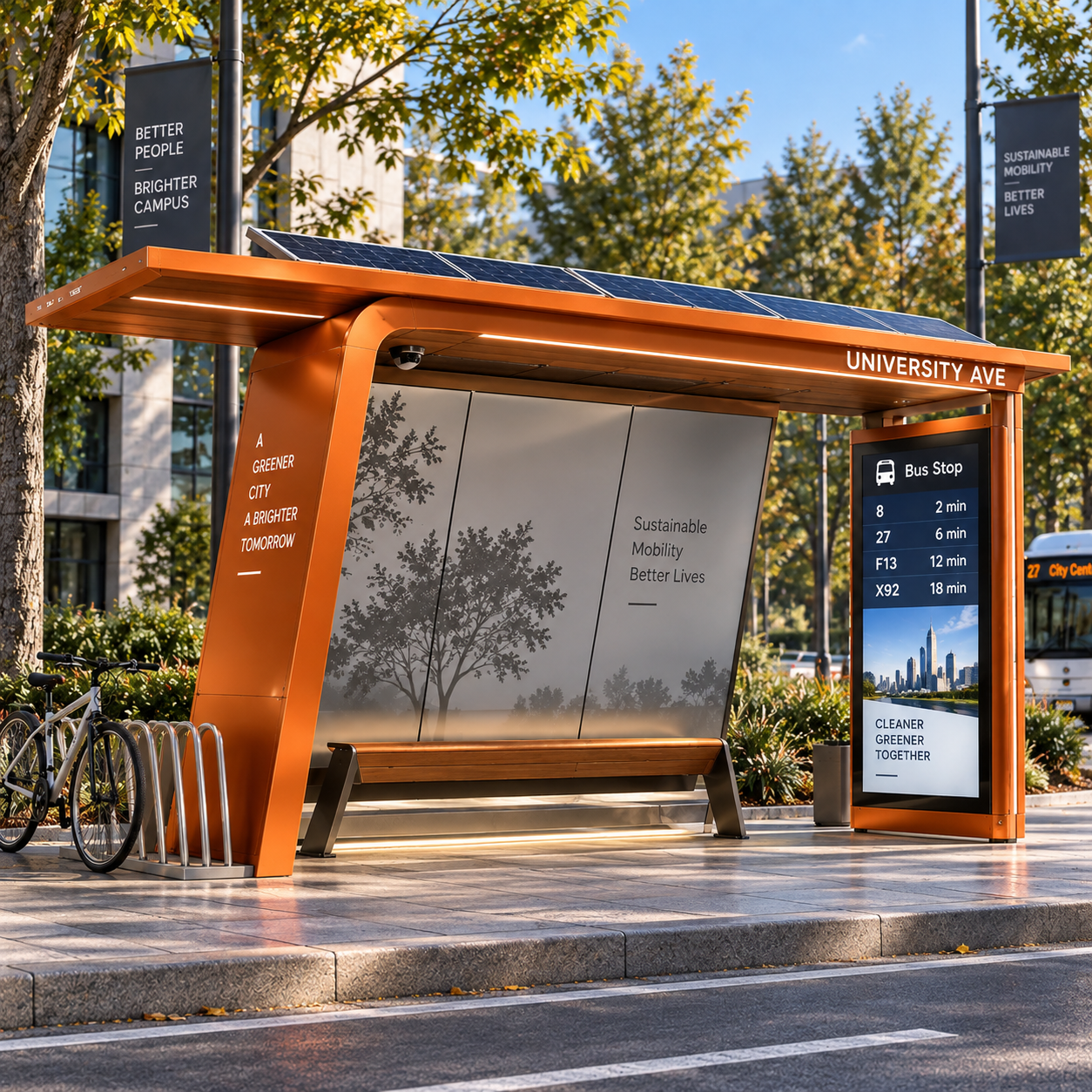 Aluminum Alloy Solar Powered Bus Shelter with Digital Display and Wireless Charging for Smart City Projects Featured Image