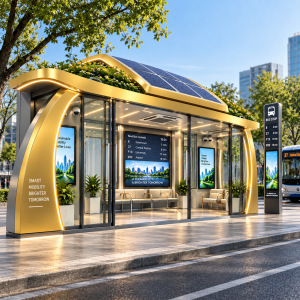 Outdoor Enclosed Bus Shelter with Sunshade Canopy and Air Conditioning Corrosion-resistant for Passenger Waiting Areas