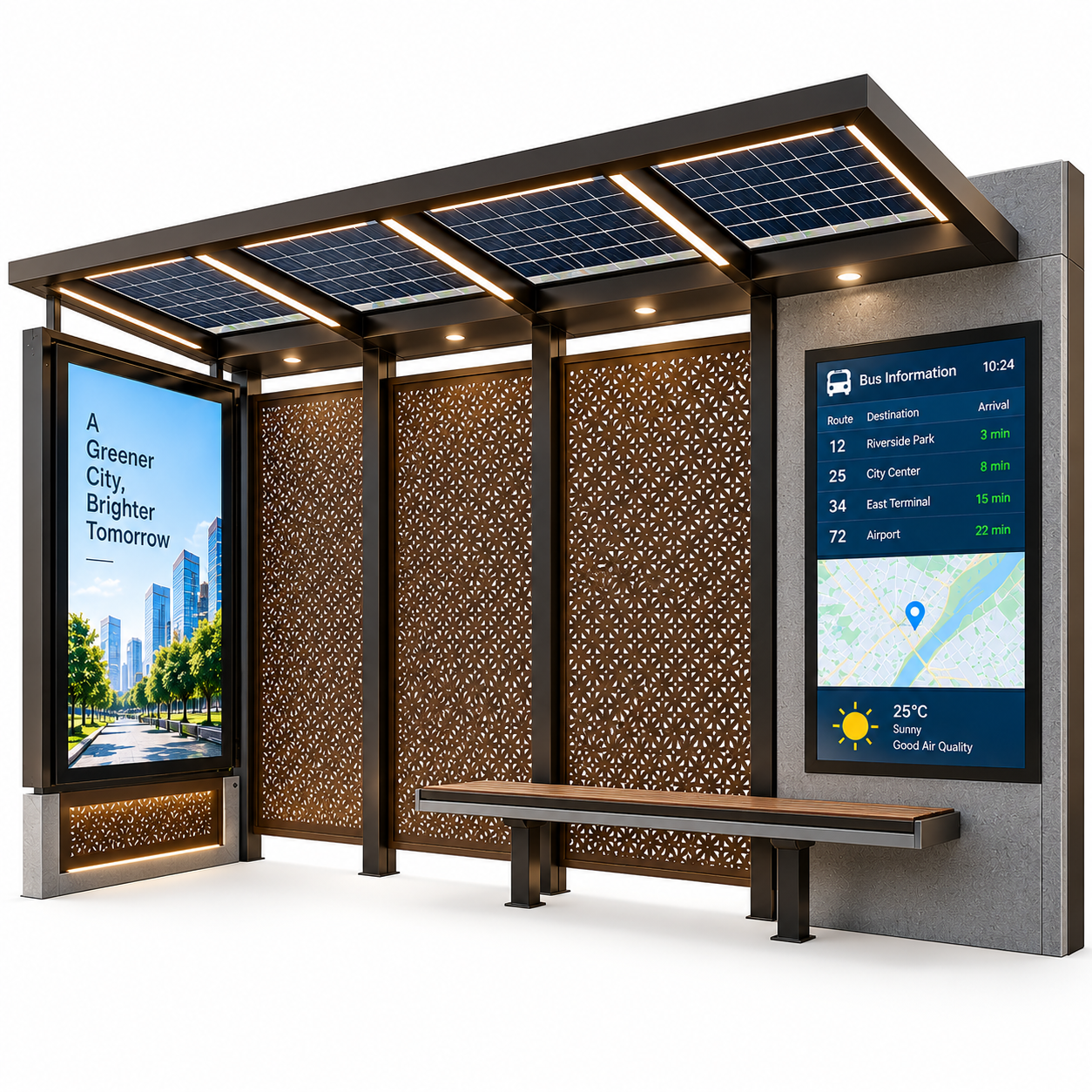 Off Grid Solar Bus Stop Weatherproof Stainless Steel Solar Powered Bus Shelter Smart Bus Stop with LED Lighting System Featured Image