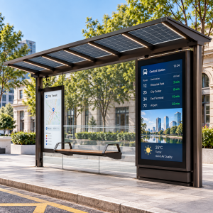 High Brightness Digital Signage Bus Stop Galvanized Steel Municipal Smart Bus Shelter with PIS Display and Route Map