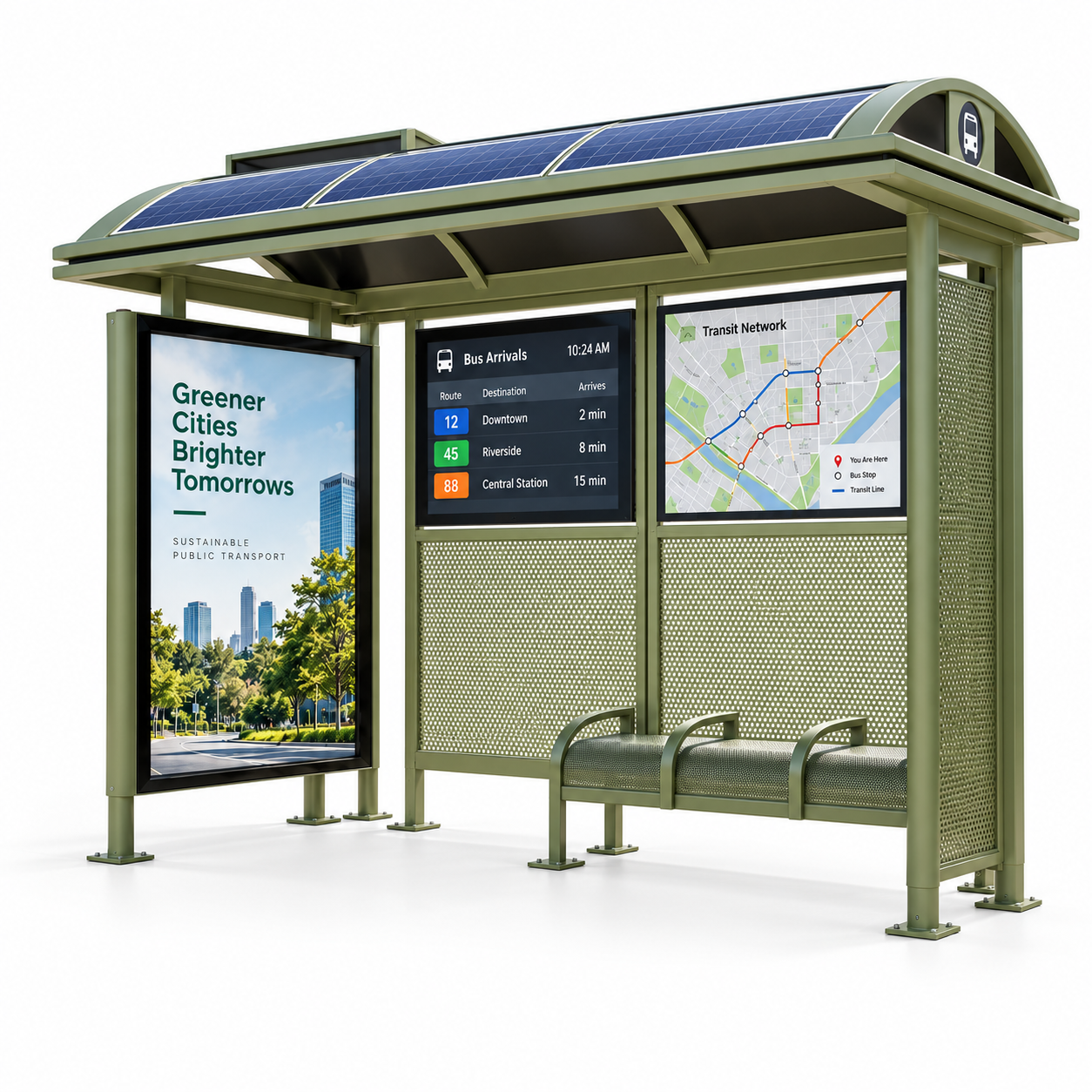 Modern Bus Shelter With LED Advertising Screen Vehicle Forecast Station System Smart Transit rest seat Wireless chargin Featured Image