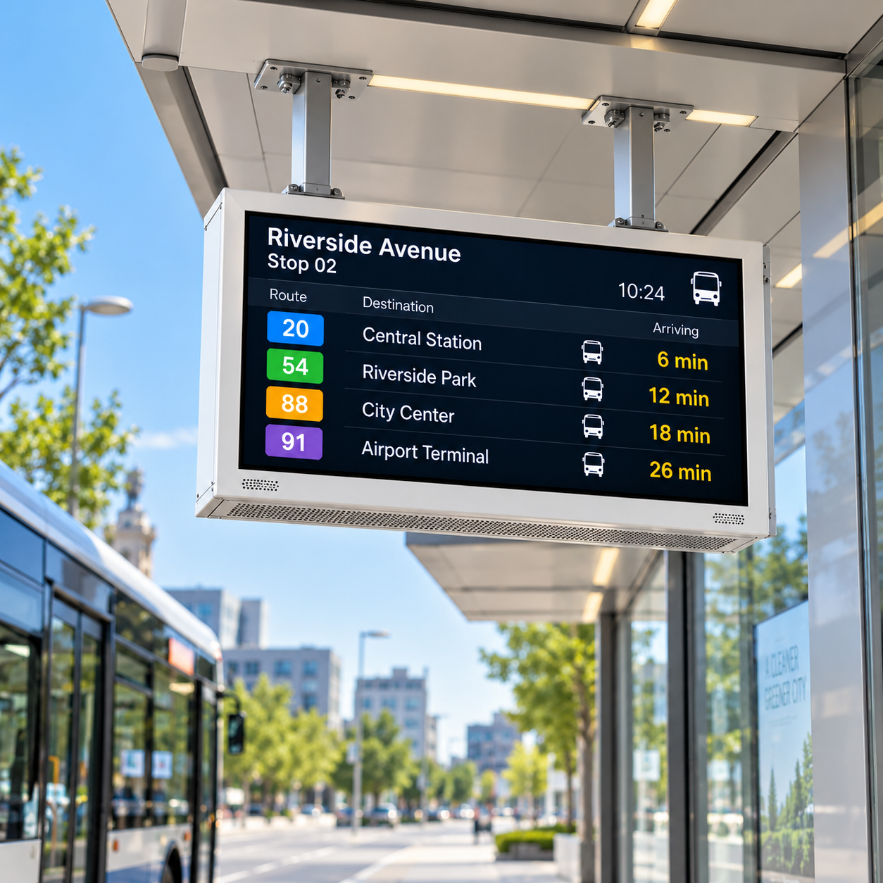 Hanging LCD Passenger Information Display with High Brightness Screen and Bus Arrival Updates for Bus Shelters Featured Image