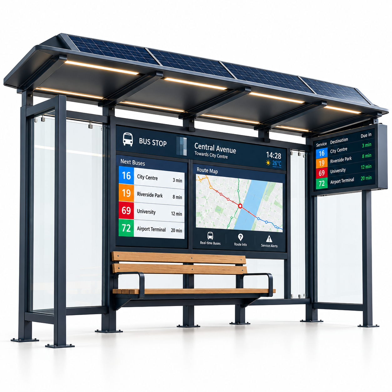 Outdoor Smart Bus Stop Shelter With Solar Power Cloud Software LED Advertising Light Box Display Customization Featured Image