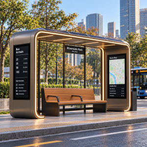Smart Bus Shelter With Solar Powered LED Strip Screen Advertising Light Box Vehicle Forecast System Rest Seat Wireless Charging