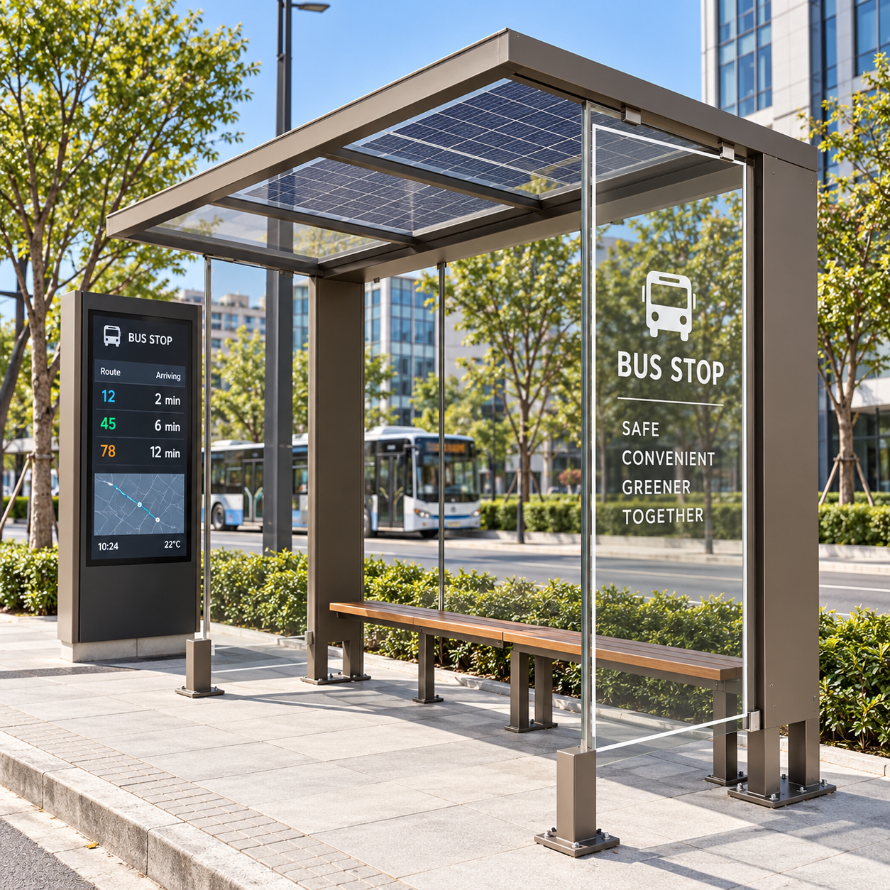 Smart City Bus Shelter With Customizable LED Advertising Screen Public Service Display Vehicle Forecast System Solar Panels Featured Image