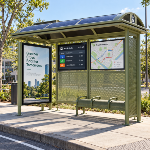 Modern Bus Shelter With LED Advertising Screen Vehicle Forecast Station System Smart Transit rest seat Wireless chargin