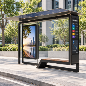 Waterproof Outdoor Bus Shelter with Wireless Charging and Sunshade Canopy and LED Advertising Light Box