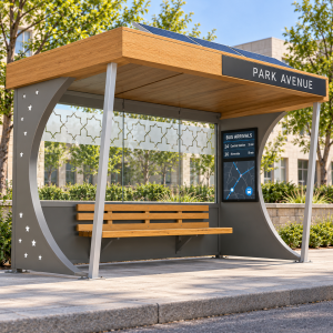 Prefabricated Outdoor Smart Bus Shelter with Tempered Glass Solar Power Digital Signage and USB Charging Manufacturer