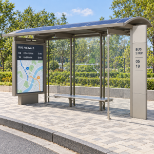 Outdoor Steel Structure Bus Shelter with Tempered Glass Solar Panel LCD Bus Arrival Screen and LED Lighting Manufacturer