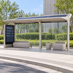 Prefab Outdoor Bus Passenger Waiting Shed with Solar Panel Digital Signage Tempered Glass and LED Lighting Manufacturer