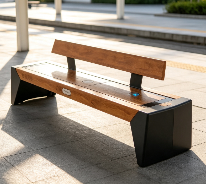 Customizable Smart Solar Bench with Integrated Solar Panel, WiFi, Bluetooth Speaker, USB Charging and Solid Wood Seat for Parks & Public Spaces Featured Image
