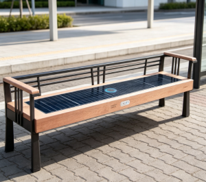 Modern Outdoor Smart Solar Bench with Integrated Solar Panel, Solid Wood Seat, LED Lighting, USB Charging, WiFi & Bluetooth Speaker