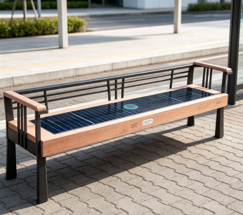 Modern Outdoor Smart Solar Bench with Integrated Solar Panel, Solid Wood Seat, LED Lighting, USB Charging, WiFi & Bluetooth Speaker Featured Image