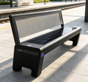 Custom Smart Solar Bench with LED Lighting, Solar Charging, WiFi, Bluetooth Speaker and Solid Wood Seating