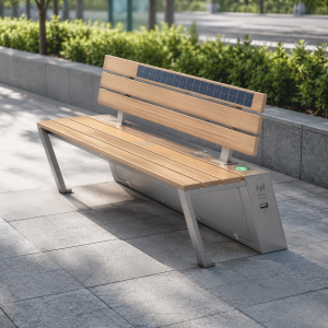 Smart Solar Powered Bench with Wireless Charging, Bluetooth Speaker, WiFi Hotspot – Waterproof Outdoor Park Furniture for Public Seating