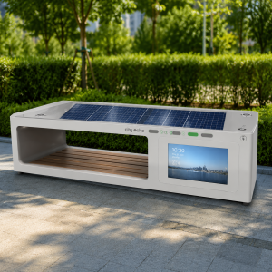 Furniture High Quality Wireless Charging Wooden Seat Stainless Steel Modern Smart Solar Cell Power Outdoor Bench Furniture
