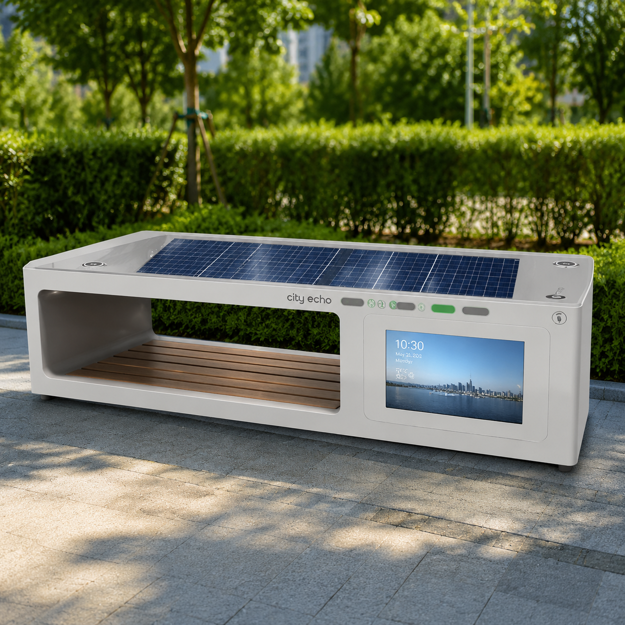 Furniture High Quality Wireless Charging Wooden Seat Stainless Steel Modern Smart Solar Cell Power Outdoor Bench Furniture Featured Image