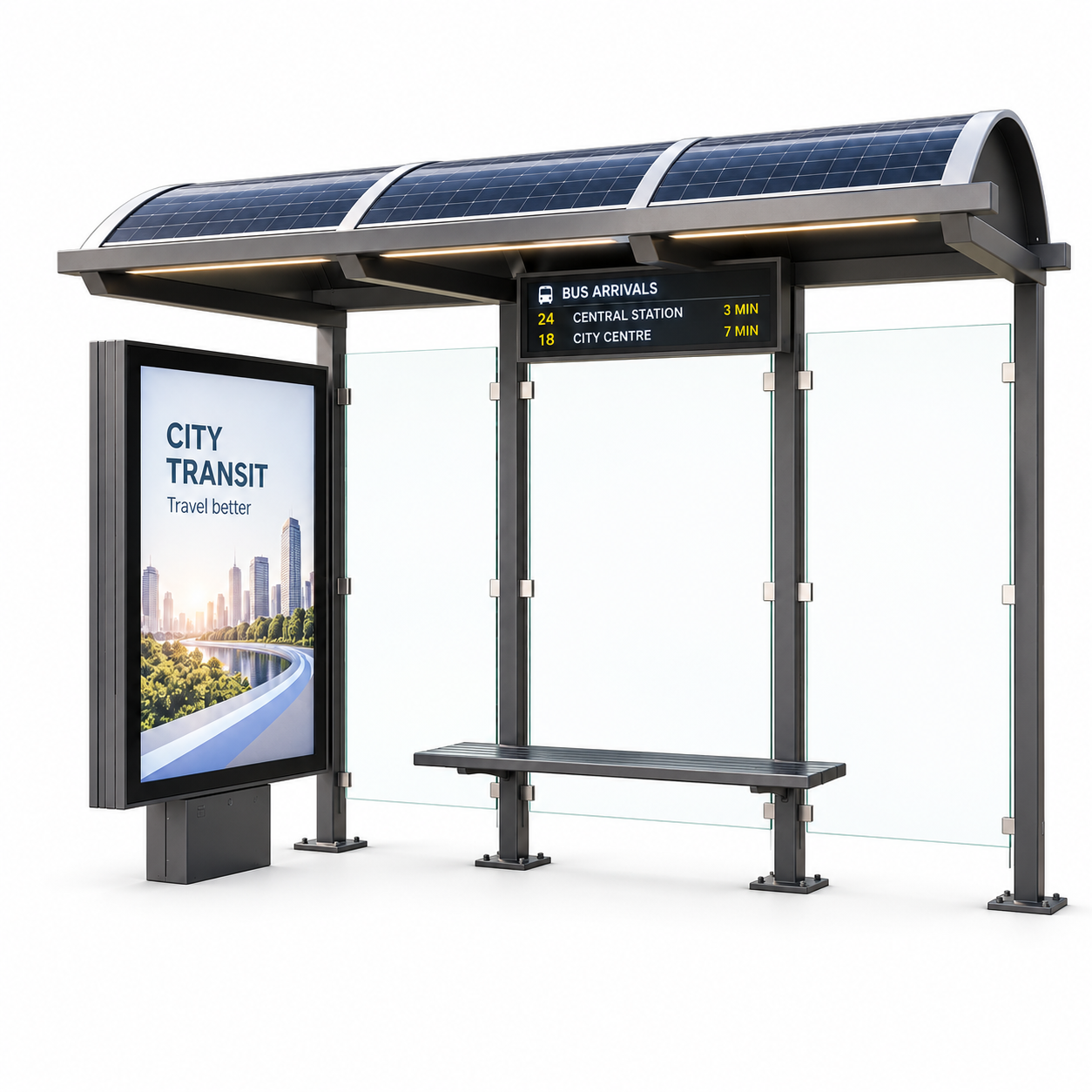 Solar Power Smart Bus Shelter With Remote application LED Advertising Light Box Public Service Display cloud software Featured Image