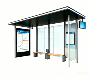 Modern Minimalist Smart Bus Stop Shelter with P5 LED Display, LCD Info Screen, CCTV Camera, Wireless & USB Charging Seats, Advertising Light Box, Tempered Glass & Galvanized Steel