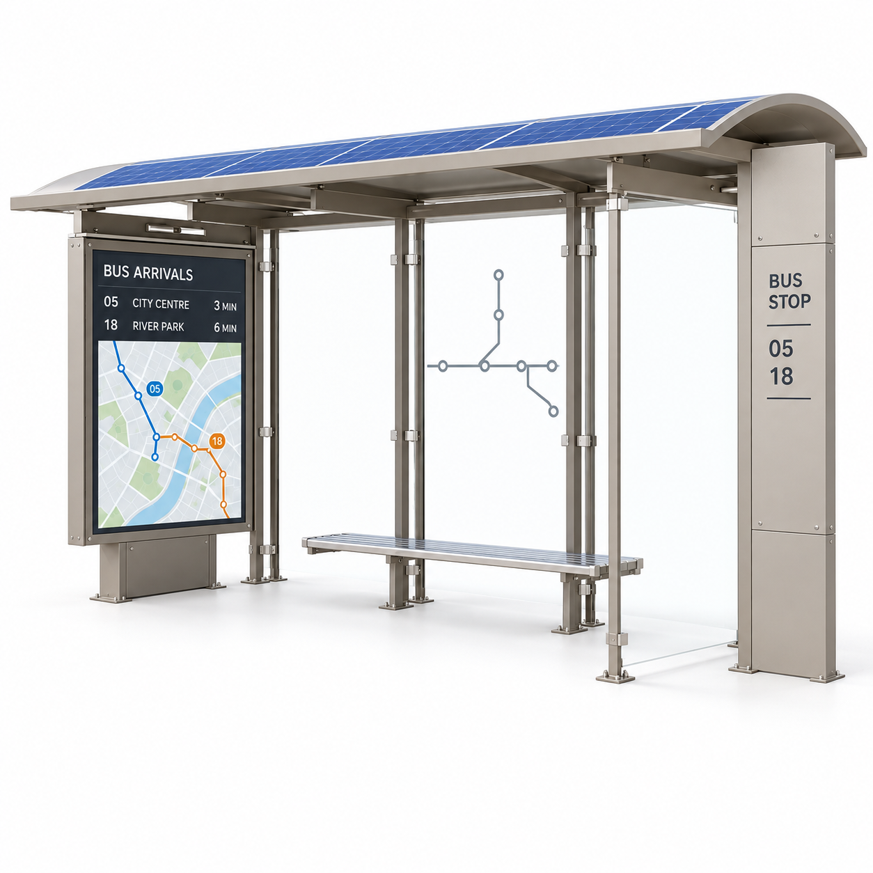 Outdoor Steel Structure Bus Shelter with Tempered Glass Solar Panel LCD Bus Arrival Screen and LED Lighting Manufacturer Featured Image