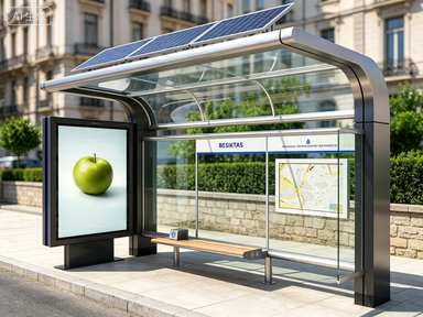 Smart Bus Shelter With Solar Powered LED Strip Screen Advertising Light Box Vehicle Forecast System Rest Seat Wireless Charging Featured Image