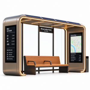 Smart Bus Shelter With Solar Powered LED Strip Screen Advertising Light Box Vehicle Forecast System Rest Seat Wireless Charging