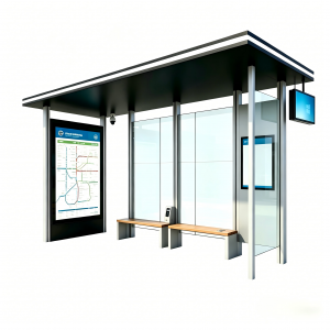 Modern Minimalist Smart Bus Stop Shelter with P5 LED Display, LCD Info Screen, CCTV Camera, Wireless & USB Charging Seats, Advertising Light Box, Tempered Glass & Galvanized Steel